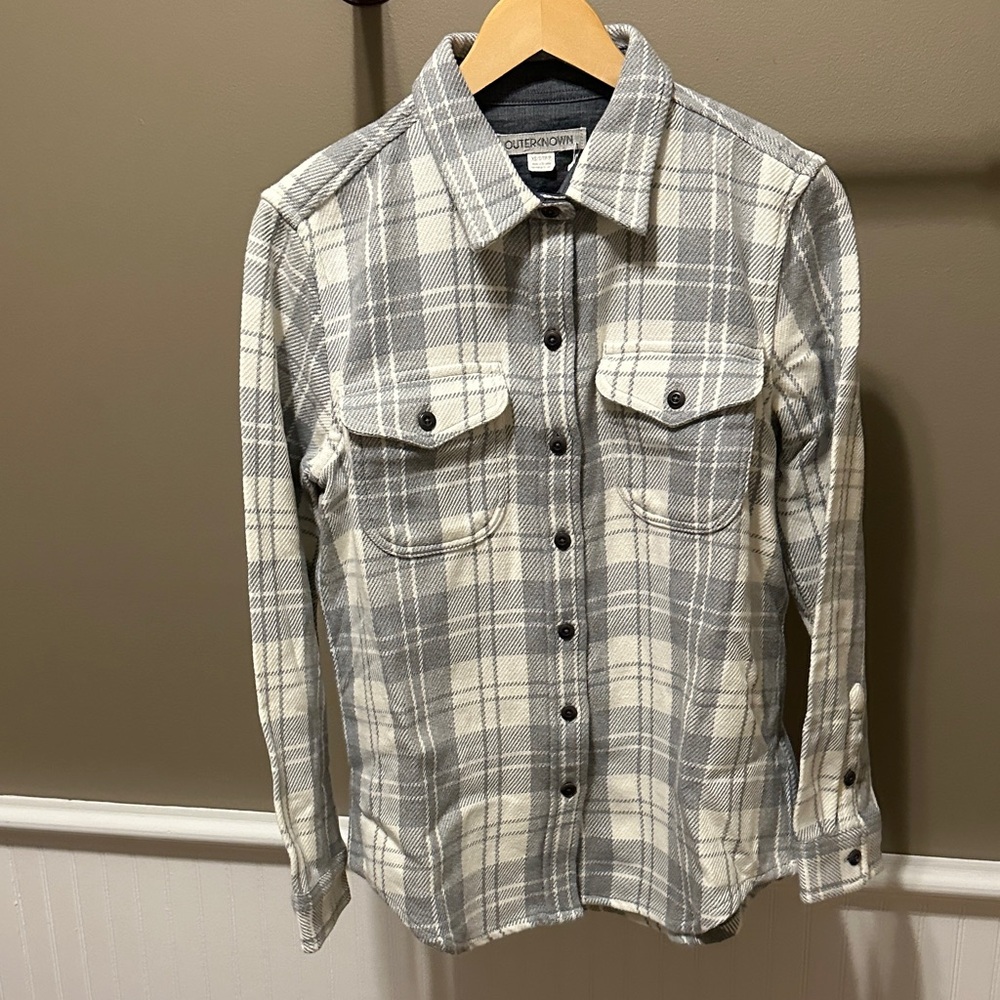 Outerknown women’s Cream and Gray Plaid Flannel Shirt